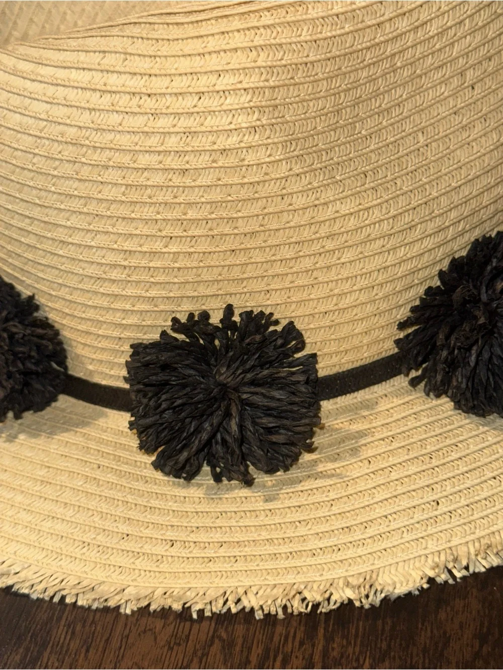 Ava & Aiden Tan Straw Fedora Hat Black Pom Pom Trim Fringe Brim OSFM adjustable